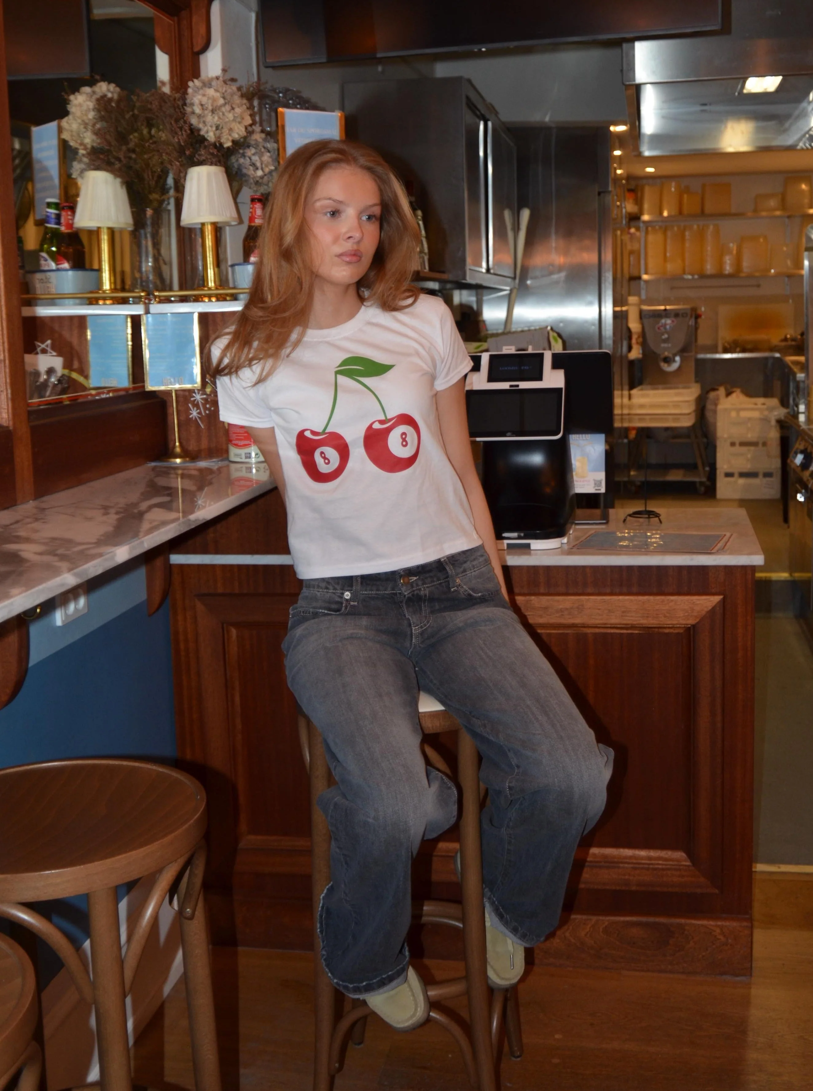 "8-ball cherry" baby tee - white