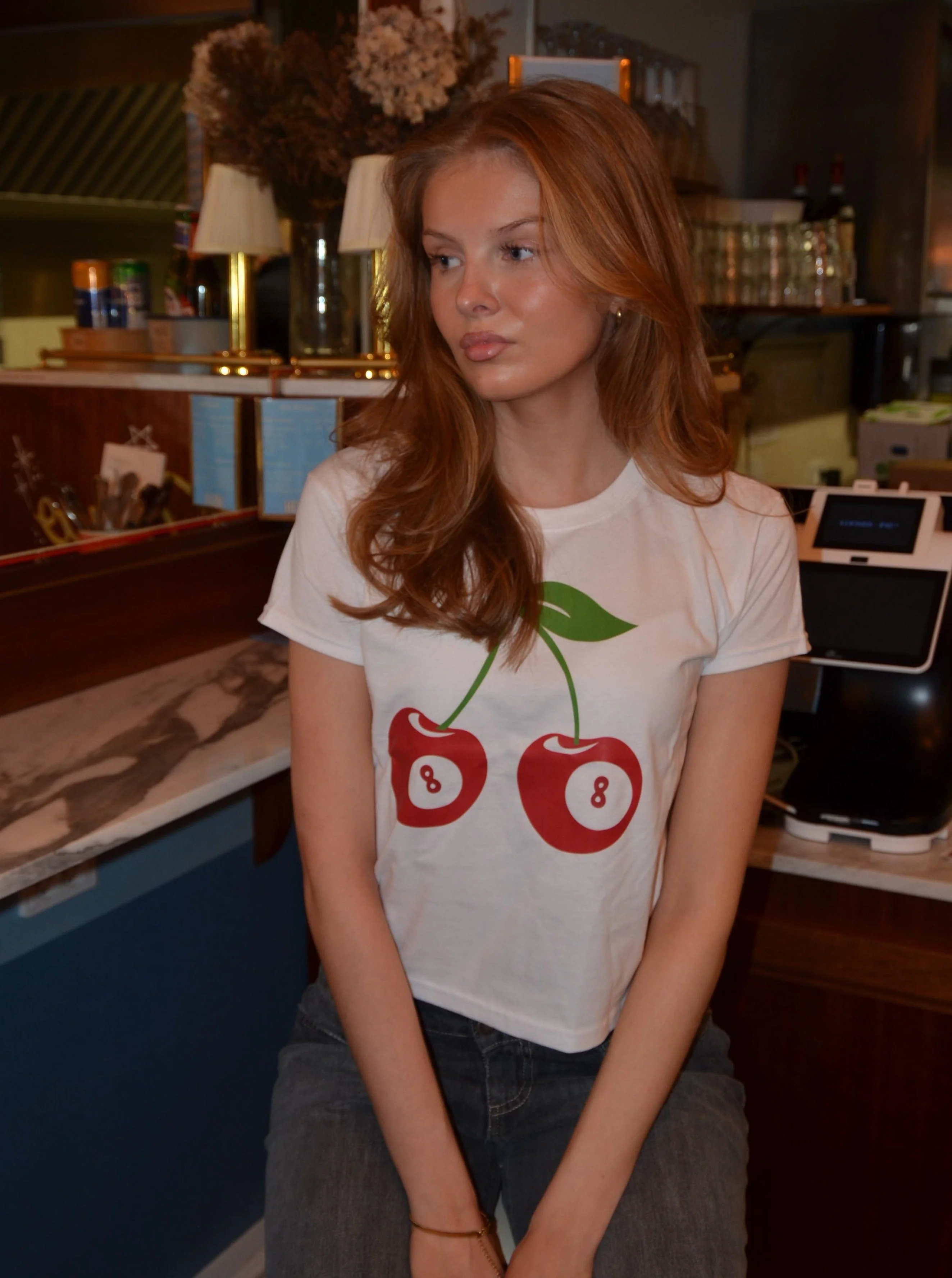 "8-ball cherry" baby tee - white