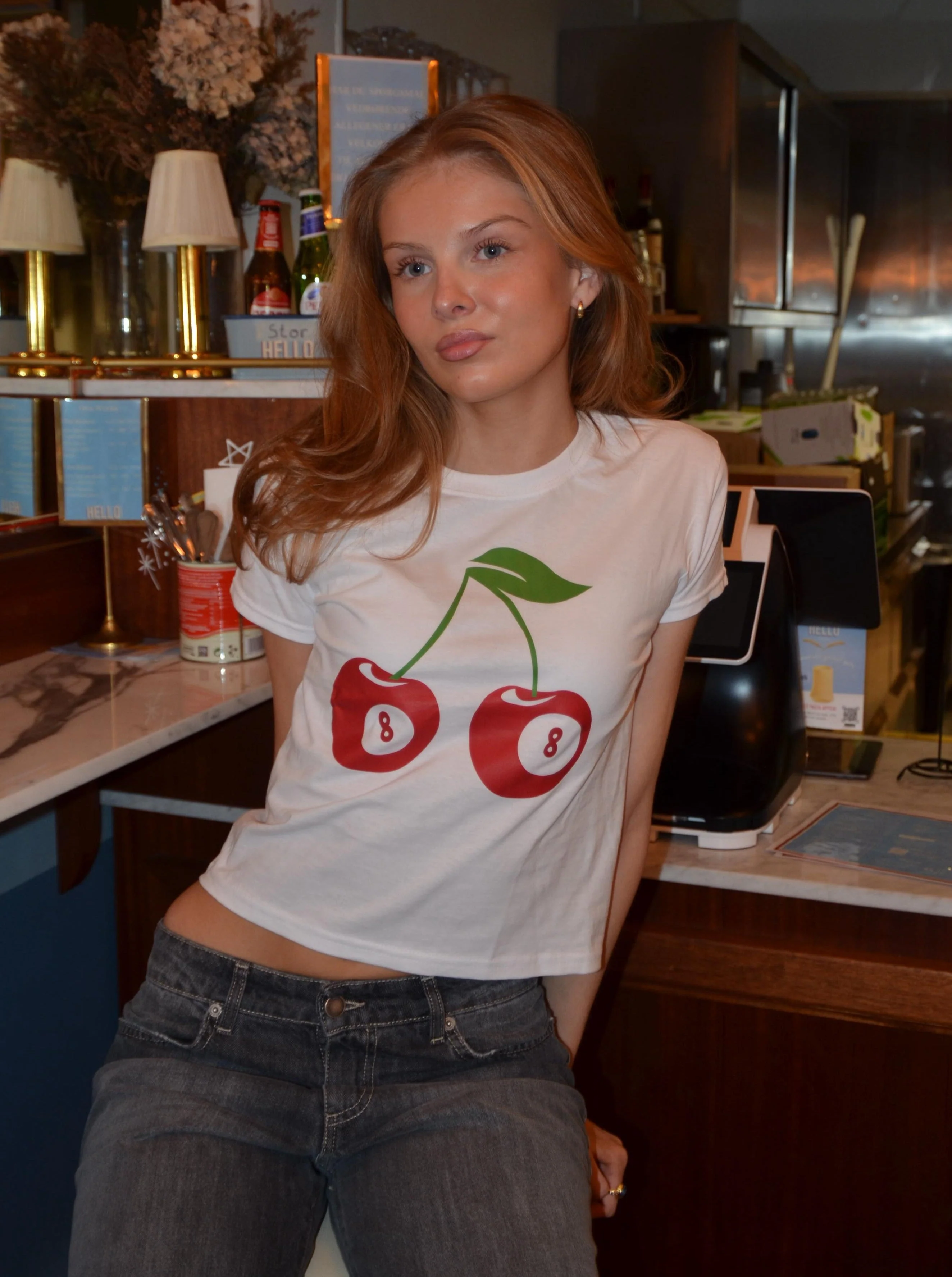 "8-ball cherry" baby tee - white