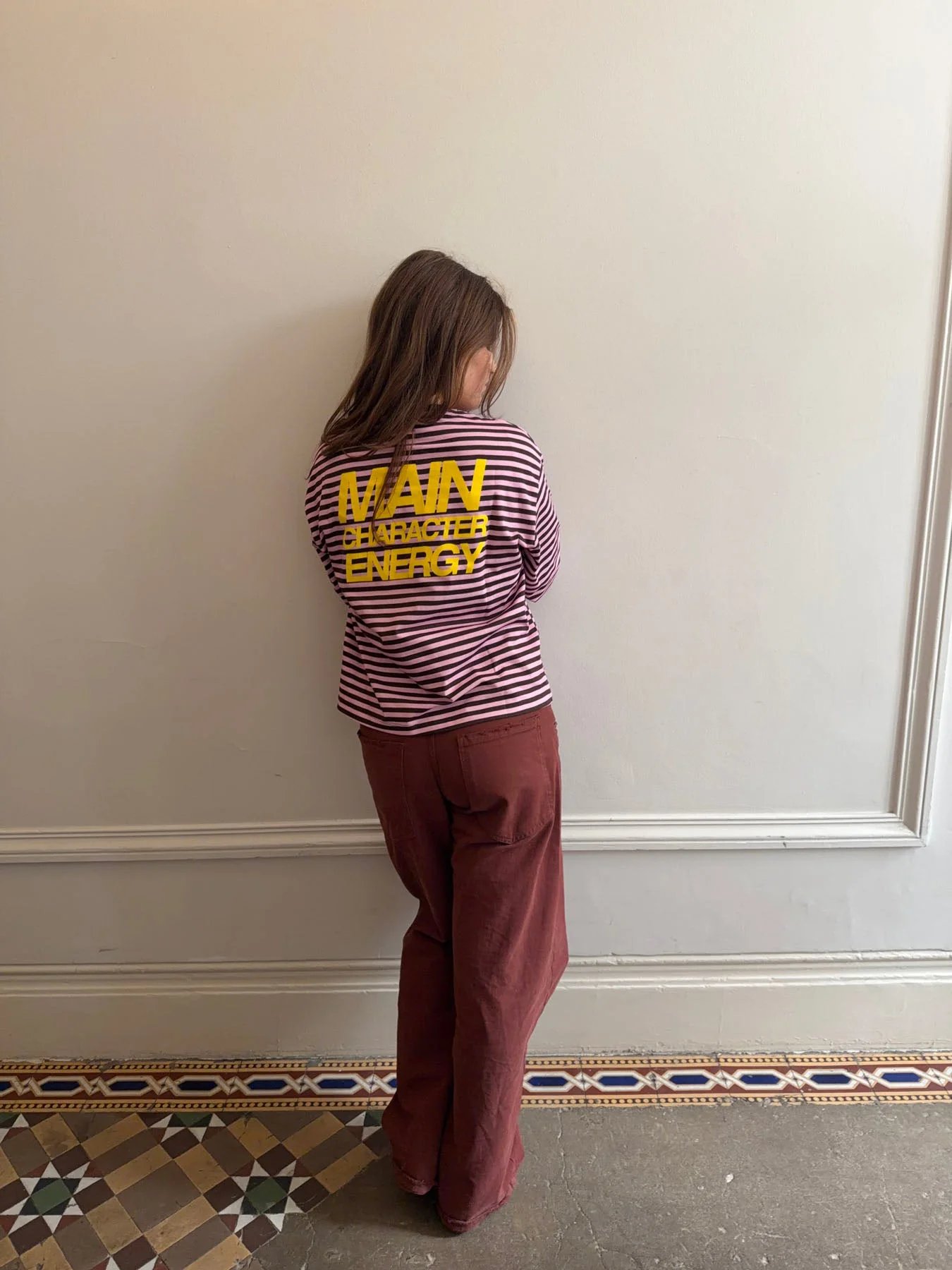 "Main character energy" blouse with stripes - Pink/brown/yellow
