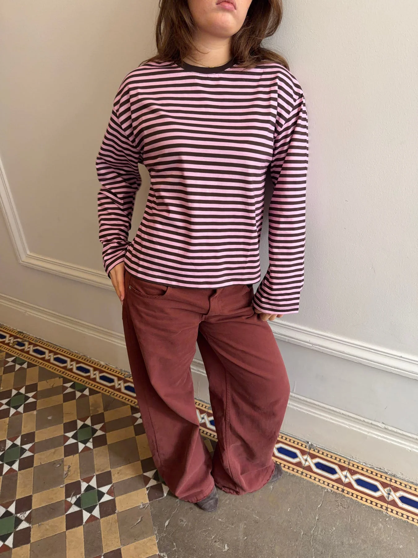 "Main character energy" blouse with stripes - Pink/brown/yellow