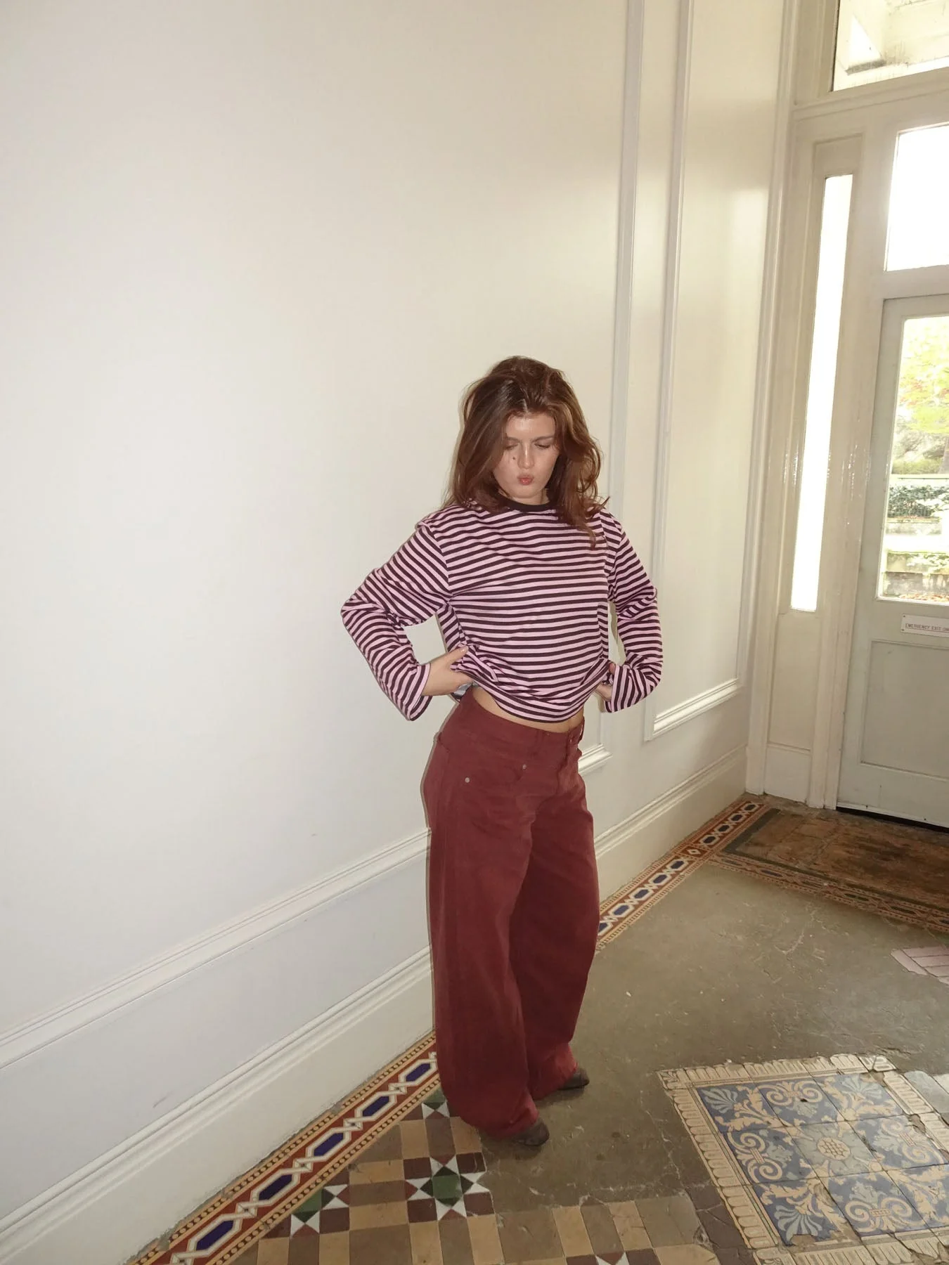 "Main character energy" blouse with stripes - Pink/brown/yellow